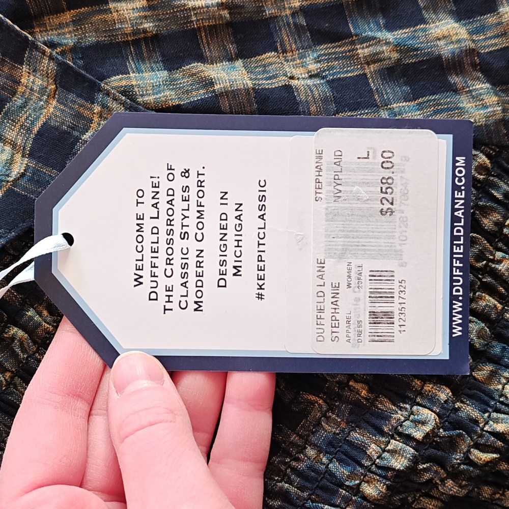 Duffield Lane Stephanie Dress. Navy Plaid. Size L - Picture 6 of 8